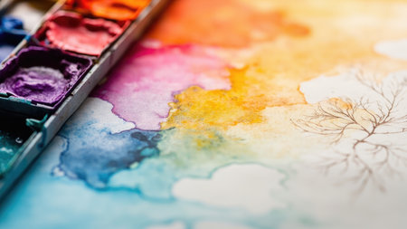 Close-up of a watercolor palette with colorful paints and abstract watercolor washes with a tree illustration.の素材