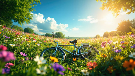A bicycle rests in a field of colorful wildflowers under a bright blue sky with fluffy white clouds. The scene is bathed in sunlight, creating a warm and inviting atmosphere.の素材