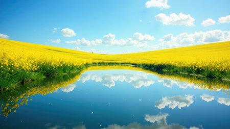 A vibrant landscape featuring a yellow rapeseed field reflected in calm water under a bright blue sky with fluffy white clouds. The scene evokes a sense of peace and tranquility.の素材
