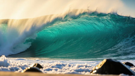 A large turquoise wave cresting and breaking over a sandy beach with rocks. The wave is illuminated by sunlight creating a dramatic scene.の素材