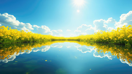 A serene landscape featuring a calm lake reflecting a blue sky with fluffy white clouds and a field of yellow flowers. The sun shines brightly above.の素材
