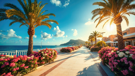 A sunny coastal scene features a promenade lined with palm trees and blooming pink and white flowers. The blue sea and sky create a bright landscape.の素材