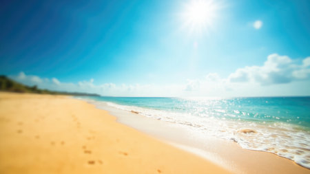 A sunny beach scene with golden sand meeting turquoise ocean water under a bright blue sky. Gentle waves roll onto the shore.の素材