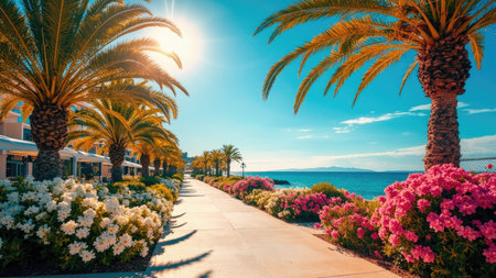 A sunny coastal scene featuring a concrete walkway lined with palm trees and vibrant pink and white flowering bushes. The ocean and blue sky create a bright, idyllic setting.の素材