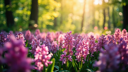 A field of pink hyacinth flowers in full bloom with green leaves and a blurred forest background bathed in sunlight. The  has a shallow depth of field.の素材