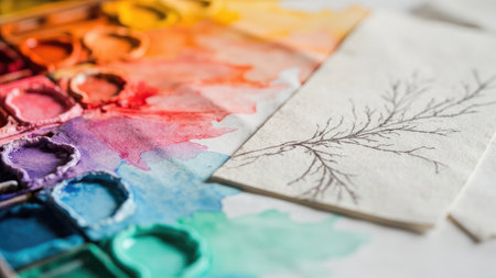 Watercolor palette with colorful paints and a drawing of a branch on white paper.の素材
