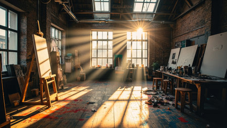 Interior of an artist's studio with sunlight streaming through windows, illuminating easels and paint splatters.の素材