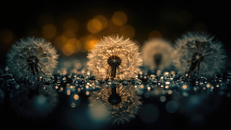 Close-up of dandelion seed heads with water droplets reflecting on a dark surface with a blurred bokeh background. The  features blue, gold, and black tones.の素材