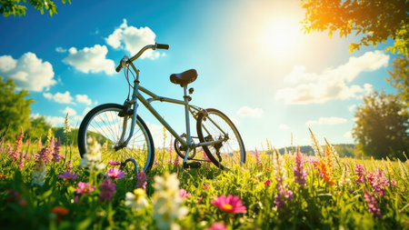 A bicycle rests in a field of colorful wildflowers under a bright blue sky with fluffy white clouds and the sun shining.の素材