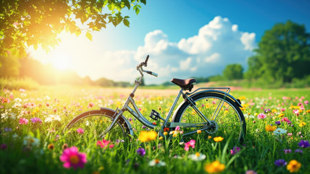 A silver bicycle rests in a field of colorful wildflowers. Green grass surrounds the bike. The sky is blue with fluffy white clouds. Sunlight shines through the foliage.の素材