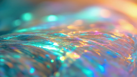 A close-up of an abstract iridescent surface with blurred bokeh lights in shades of teal turquoise orange and pink creating a dreamy effect.の素材