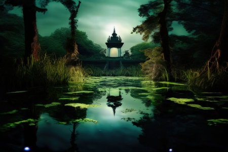 Chinese temple in the forest with reflection in a pond at night.の素材
