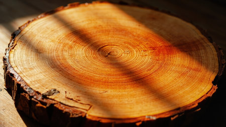 A detailed view of a tree trunk cross section reveals concentric rings in warm brown and orange hues, with rough bark edges and sunlight shadows.の素材