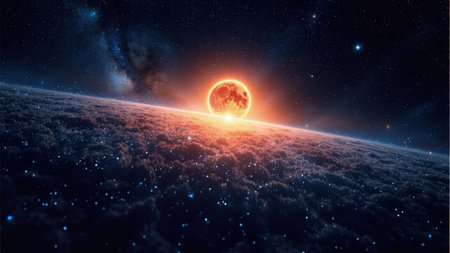 The image depicts a celestial scene with a red sun rising above a planet. The planet is covered in dark clouds, and the sky is filled with stars and a nebula. The color palette is dominated by dark blues, oranges, and reds, creating a sense of mystery and wonder. The composition is a wide shot, showing the curvature of the planet.の素材