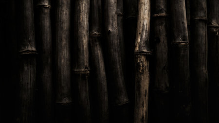 A close-up view showcases a collection of vertical bamboo stalks. The image features a dark, muted color palette with shades of black and brown. The texture of the wood is visible, with natural grain and subtle variations in color. The composition is simple and minimalist, emphasizing the natural beauty of the bamboo.の素材