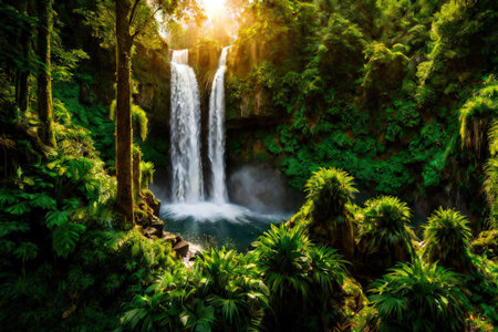 Beautiful waterfall in tropical forest at sunset. Nature landscape background.の素材