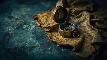 A brass compass rests on a vintage map with a textured surface. The compass is open, revealing the needle. The background is a dark blue with brown tones.の素材