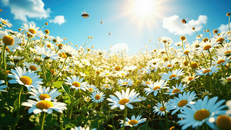 A field of white daisies with yellow centers basks in sunlight under a blue sky with fluffy clouds and flying bees.の素材