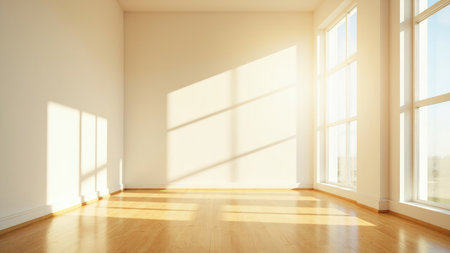 An interior shot of an empty room with large windows and natural light. The room features white walls and a wooden floor. Sunlight streams through the windows, casting shadows on the walls and floor. The composition is clean and minimalist, highlighting the interplay of light and shadow.の素材