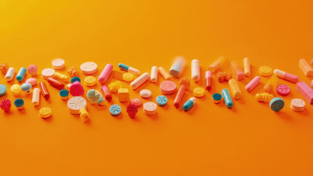 A collection of various pills and capsules of different shapes and colors are scattered across an orange background. The composition is a top-down view, with the pills arranged randomly. The color palette includes pink, blue, white, yellow, and orange. The lighting is even, creating a clean and bright look.の素材