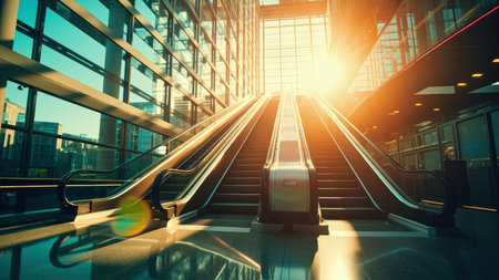 The image shows two escalators ascending within a modern building. The structure features large glass windows, allowing bright sunlight to stream through. The composition highlights the lines of the escalators and the architectural details. The overall mood is bright and airy, with strong shadows and reflections.の素材