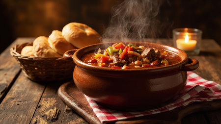 A steaming bowl of chili with vegetables and meat is served on a wooden board with bread in a basket and a lit candle on a wooden table.の素材