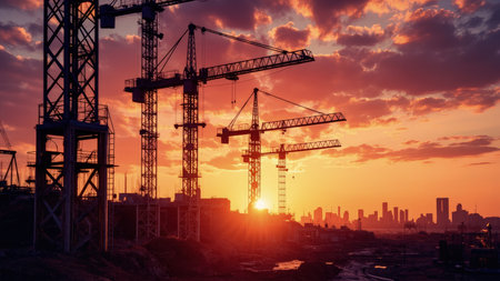 Silhouetted construction cranes against a sunset sky with orange and red clouds. A city skyline is visible in the distance.の素材