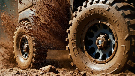 Off-road vehicle wheel in mud. Off-road vehicle concept.の素材