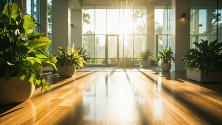 Interior of a modern living room with wooden floor and plants.の素材