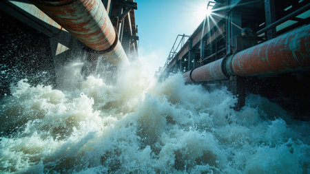 The image shows large pipes expelling a forceful surge of water. The water creates a large splash and spray. The pipes are rusty and industrial-looking, set against a bright blue sky. The sun's rays create a lens flare. The overall composition is dynamic.の素材