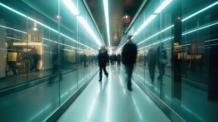 A long hallway with glass walls and teal-colored lighting. Blurred figures of people are walking towards the camera, creating a sense of motion. The architecture is modern and sleek, with a futuristic feel. The lighting reflects off the glass, creating a sense of depth and perspective.の素材