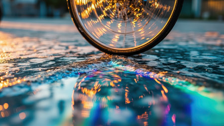 Reflection of a bicycle wheel in the water. Selective focus.の素材