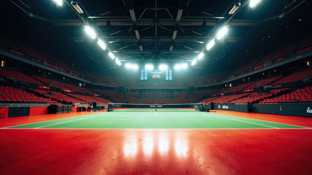 A wide angle shot of an empty tennis court inside a large indoor arena. The court features red flooring and a green playing surface with a net. Red seating fills the background. Bright lights illuminate the space. The overall composition is symmetrical.の素材
