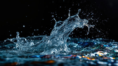 A close-up captures a water splash in mid-air against a dark backdrop. The water is clear and transparent, with droplets scattered around the main splash. The surface of the water below shows ripples and subtle color variations. The image emphasizes the dynamic movement and energy of the water.の素材