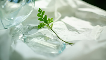 Green plant growing in glass bottle on white crumpled paper.の素材