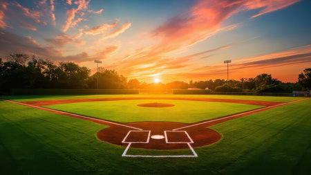 Baseball field with sunset in the background, Baseball field with ballの素材