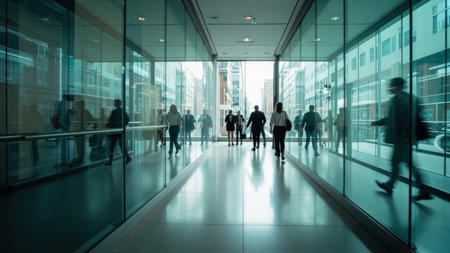 A long, modern corridor with glass walls and ceiling is filled with silhouetted figures of people walking. The glass reflects the exterior cityscape, creating a layered effect. The lighting is bright, and the overall mood is one of movement and activity. The composition is symmetrical, with a clear perspective leading the eye through the space.の素材