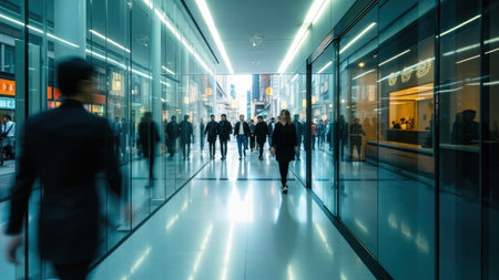 The image shows a modern corridor with glass walls and bright overhead lighting. People are walking in both directions, some blurred due to motion. Reflections of buildings and cityscapes are visible in the glass. The color palette is cool, with blues and whites dominating. The setting appears to be an office building or commercial space.の素材