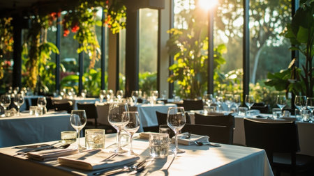 Restaurant tables set up for a dinner party in the eveningの素材