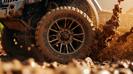 Off-road vehicle on a muddy road, close-up.の素材