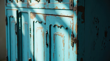 Close up view of old blue cabinet with rusty metal lockers.の素材