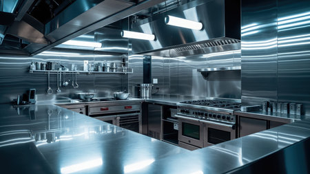 A commercial kitchen interior is shown with stainless steel surfaces and appliances. The scene includes a stove, oven, range hood, and various cooking utensils. Bright fluorescent lights illuminate the space. The overall aesthetic is clean and modern.の素材