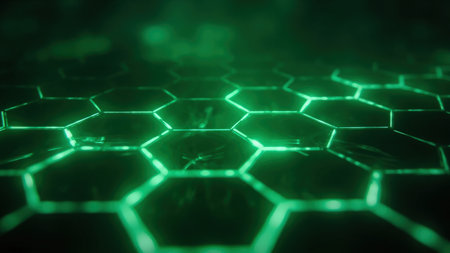 The image presents an abstract pattern of interconnected hexagons. The hexagons are outlined in a bright green, creating a glowing effect against the dark background. The composition has a shallow depth of field, with some areas in sharp focus and others blurred. The overall mood is futuristic and technological.の素材