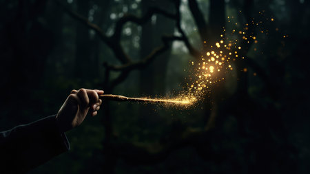 A hand holds a wooden wand, emitting a stream of golden sparkles. The background is a dark forest with blurred trees and foliage. The image has a mystical and magical atmosphere, with a focus on the light and the wand's effect.の素材