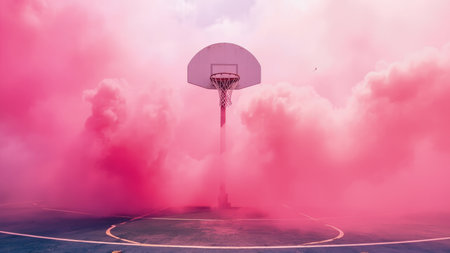 The image features a basketball hoop centered on a court, enveloped by billowing clouds of pink smoke. The sky transitions from a pale pink to a lighter tone, creating a surreal and dreamlike atmosphere. The composition is visually striking, with the pink smoke adding a layer of abstraction and artistic flair.の素材