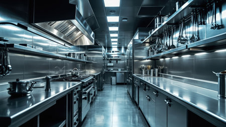 A long, narrow commercial kitchen interior featuring stainless steel appliances and equipment. The space is dominated by the gleaming metal surfaces of the stoves, shelves, and countertops. Overhead, a large exhaust hood and recessed lighting illuminate the space. Various cooking utensils hang from the shelves. The floor is a smooth, gray surface.の素材