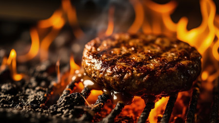 A close-up shot features a grilled burger patty on a barbecue grill. The patty is brown and charred, with visible grill marks. Flames and smoke surround the patty, creating a warm and inviting atmosphere. The grill grates are black and the background is dark.の素材