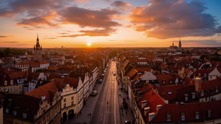 Aerial shot of a European city at sunset. The sky is a mix of orange and blue with fluffy clouds. Buildings with red rooftops line the long road.の素材