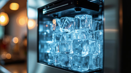 A close-up shot reveals a stack of clear ice cubes inside a commercial ice machine. The ice cubes are transparent and appear cold. The machine is made of stainless steel. The background features blurred warm lights creating a bokeh effect. The composition focuses on the ice cubes, emphasizing their texture and clarity.の素材