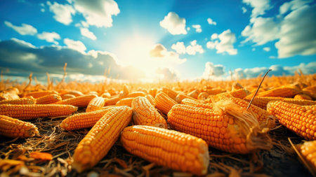 Ripe corn on the cob on a background of blue sky.の素材
